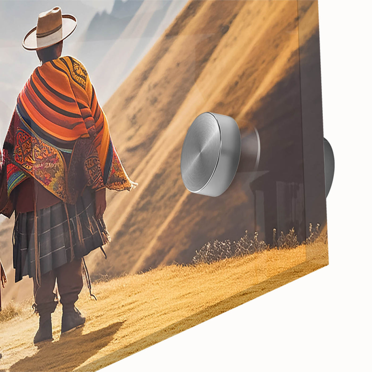 Close-up of a large abstract wall art depicting South American scenery on acrylic glass, with earthy tones.
