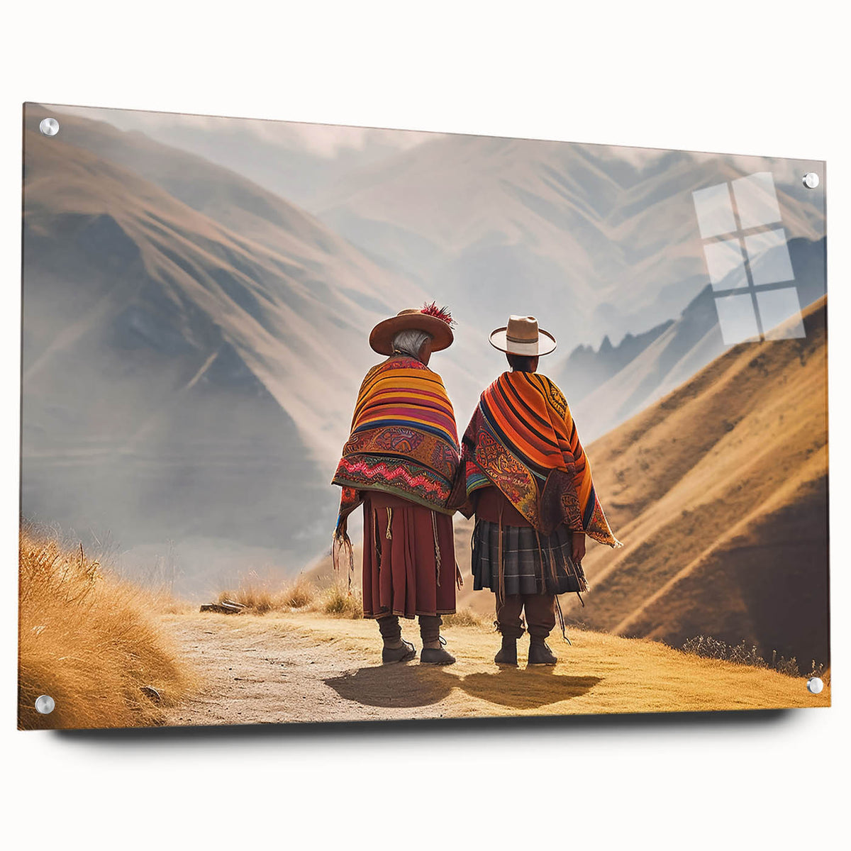 Acrylic print of a large abstract depiction of a South American scenery, in vibrant earth tones, ideal for dining room decor.