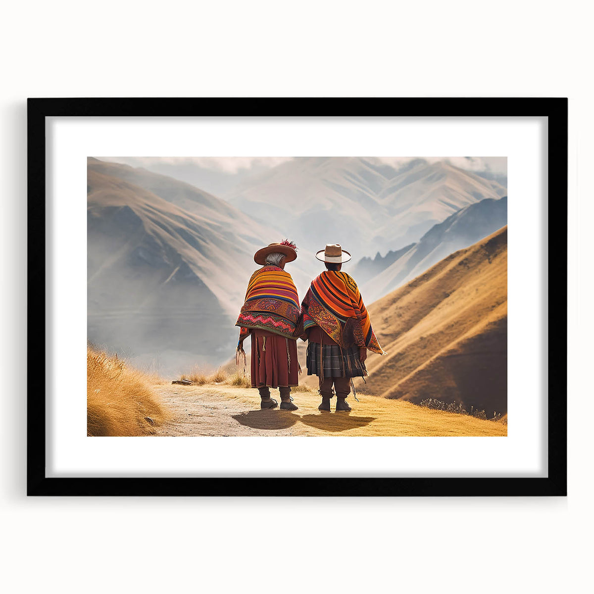 Abstract art print of a colorful South American scenery, in an extra large black frame, ideal for living room decor.