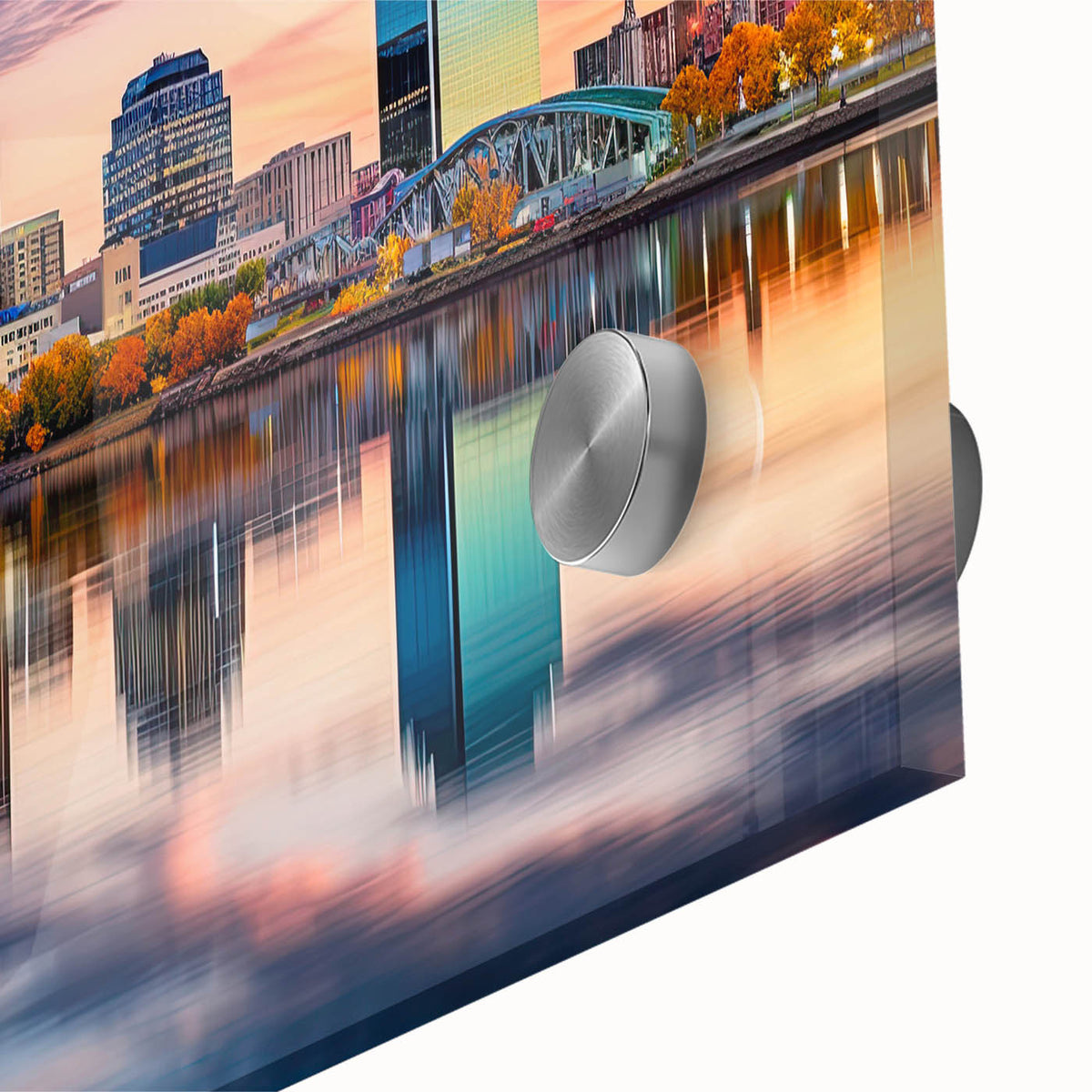 Large abstract wall art depicting a serene Arkansas landscape in muted green and blue tones on acrylic glass.