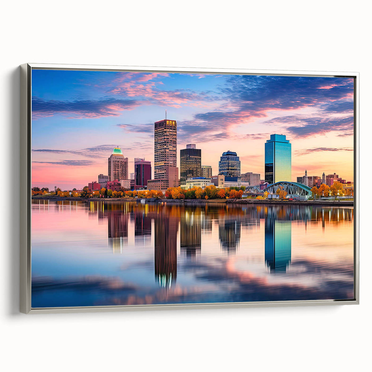 Landscape art painting of Arkansas scenery on silver-framed canvas, featuring colorful vintage-style elements.
