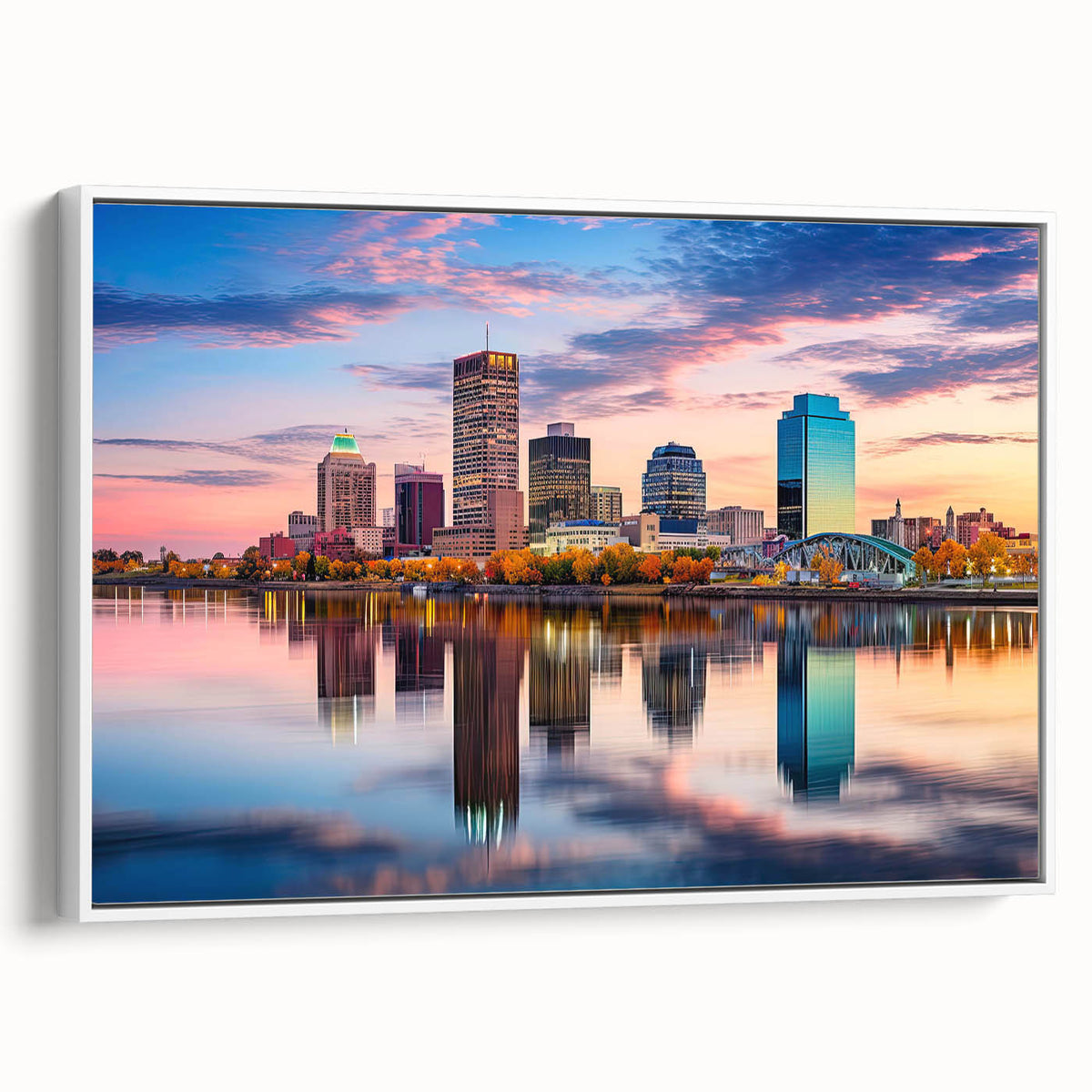 Vintage poster art of Arkansas scenery on extra large framed canvas, blending colorful art with black accents.