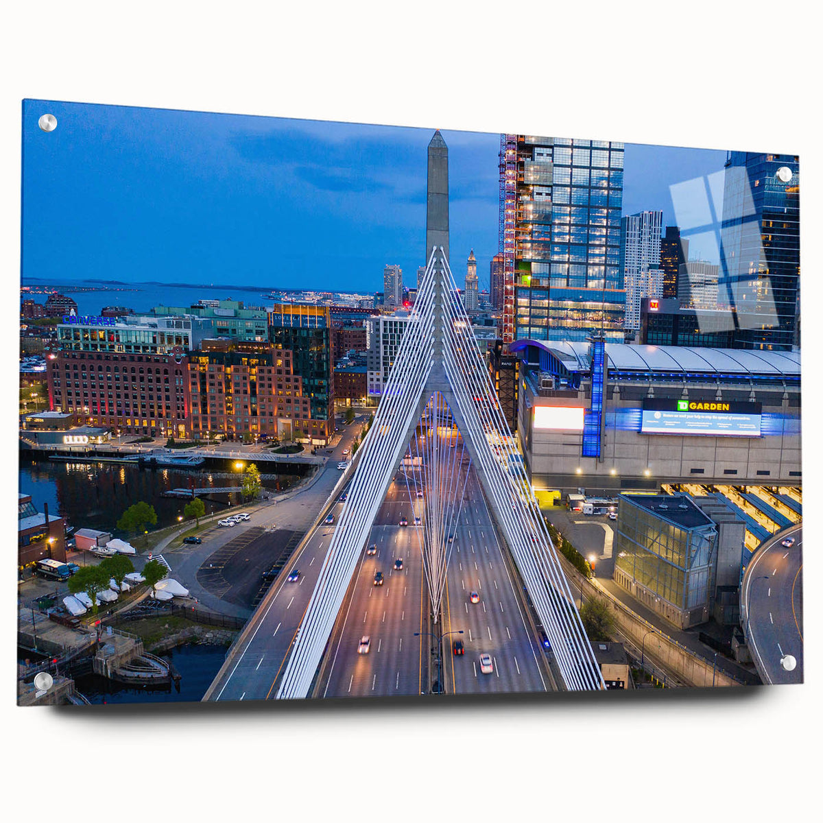 Acrylic print of a large abstract depiction of the Boston skyline in muted blue and grey tones.