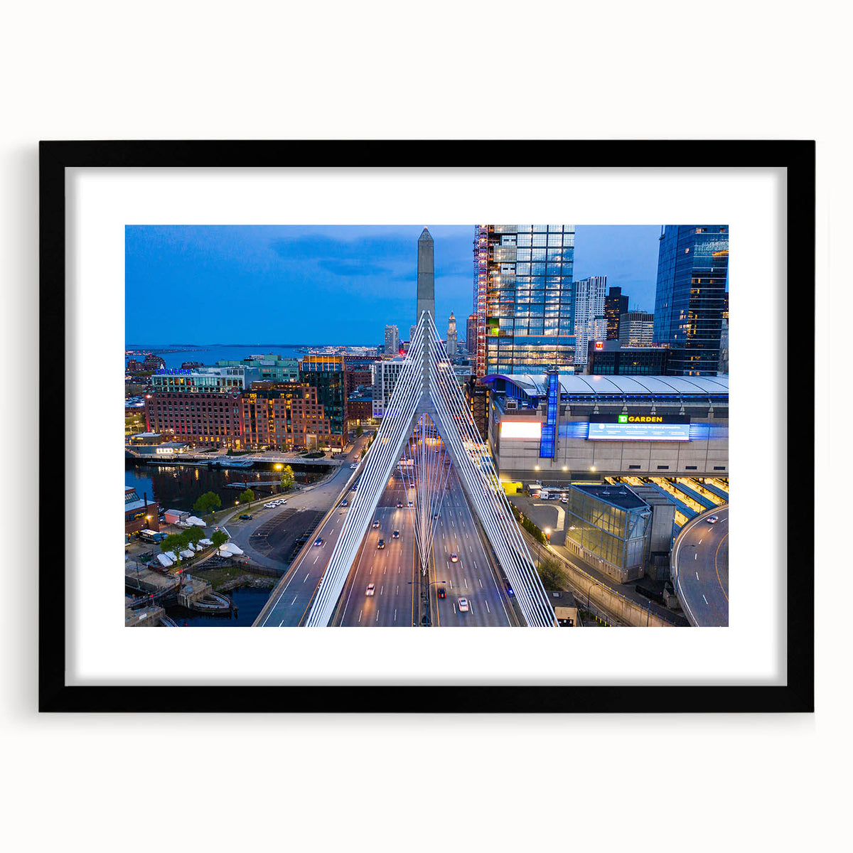 Abstract art print of Boston skyline in vibrant colors on a large textured canvas, suitable for living room decor.