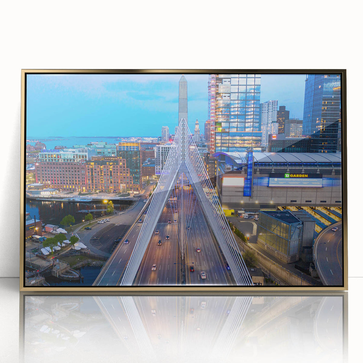 Framed acrylic print of Boston skyline in muted gold tones, ideal for modern art wall decor.