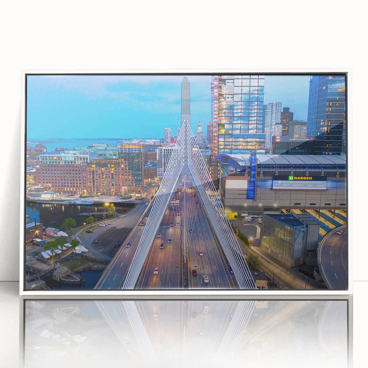 Art deco poster of Boston skyline in muted gray and blue tones on a framed acrylic, suitable for modern art wall decor.