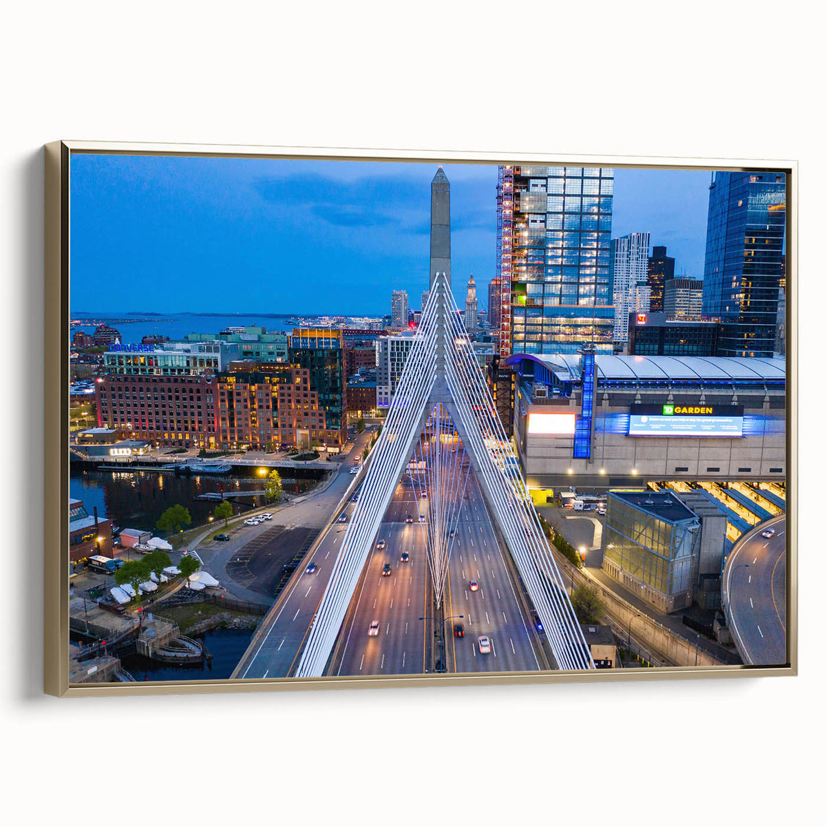 Framed canvas wall art featuring a vintage-style Boston landscape in black and gold tones, ideal for bedroom decor.