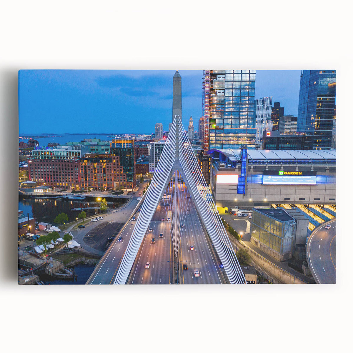 Black and white large art print of Boston skyline on stretched canvas, ideal for kitchen wall art.
