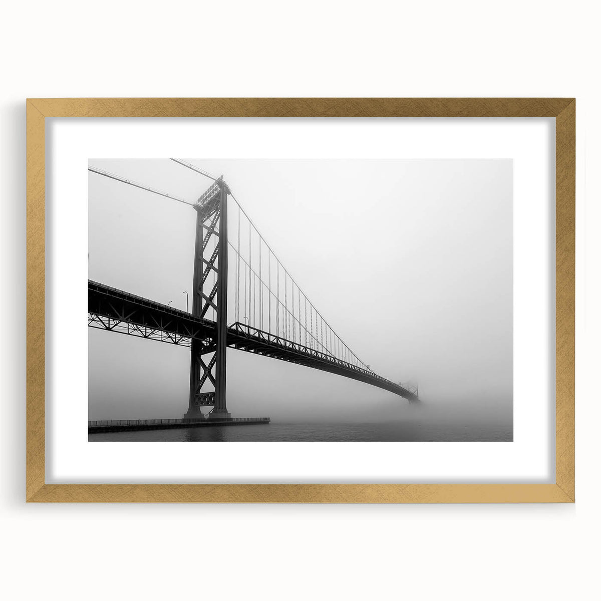 Extra large abstract art print of Detroit skyline in textured gold frame, ideal for living room decor.