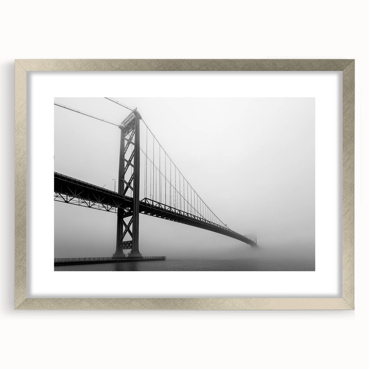 Textured abstract art print of Detroit skyline in muted gray tones on a framed silver mat, suitable for bedroom decor.