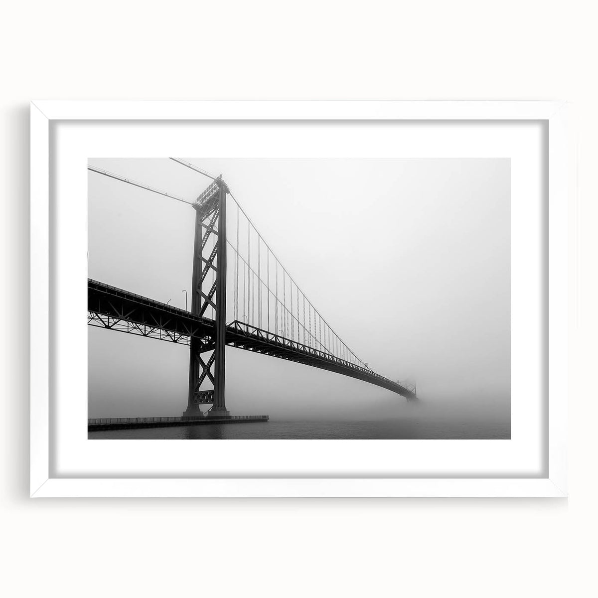 Abstract art print of Detroit skyline in muted gray and blue tones on a framed white mat, ideal for dining room decor.