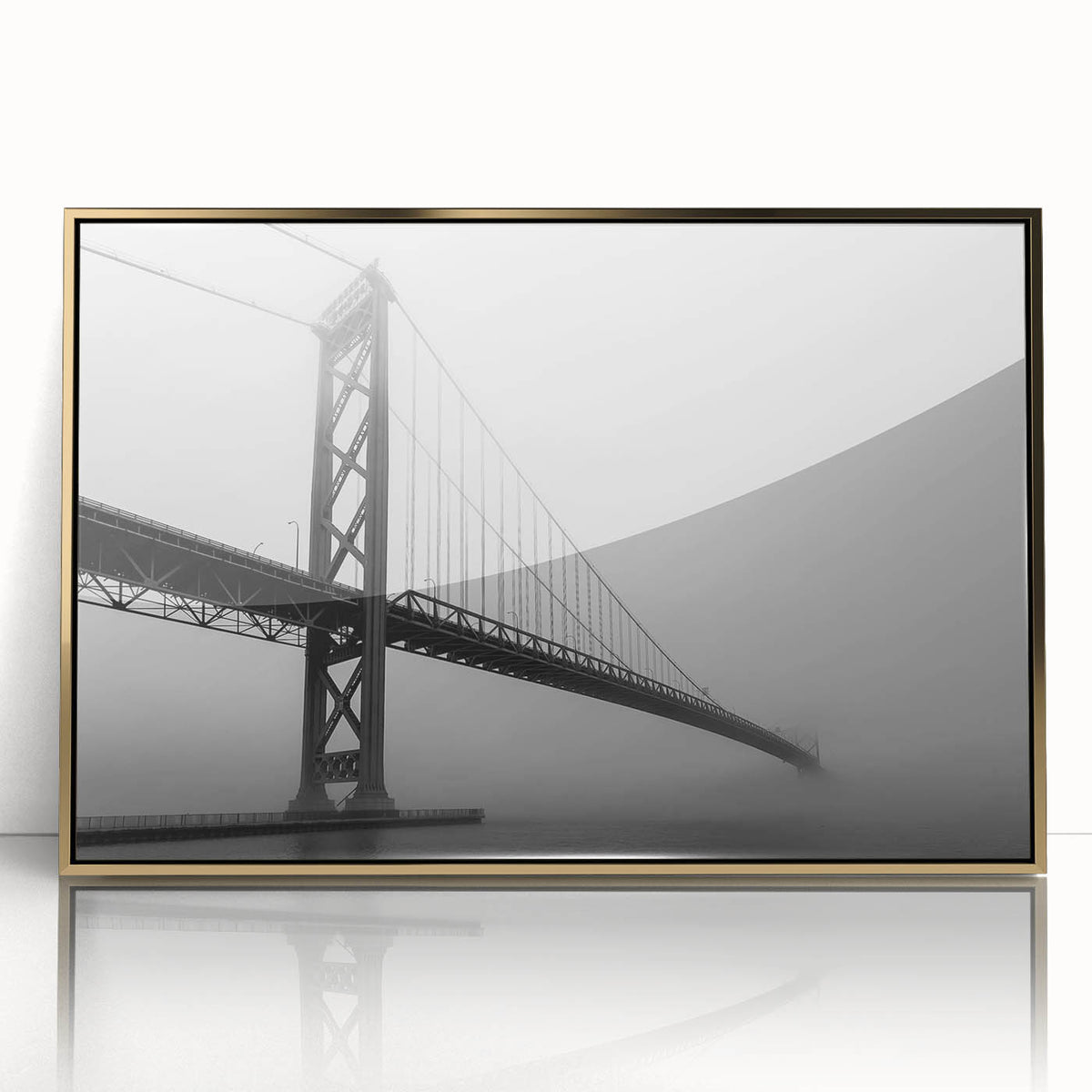 Large art print of Detroit skyline in muted gold and blue tones on a framed acrylic, suitable for modern art wall decor.