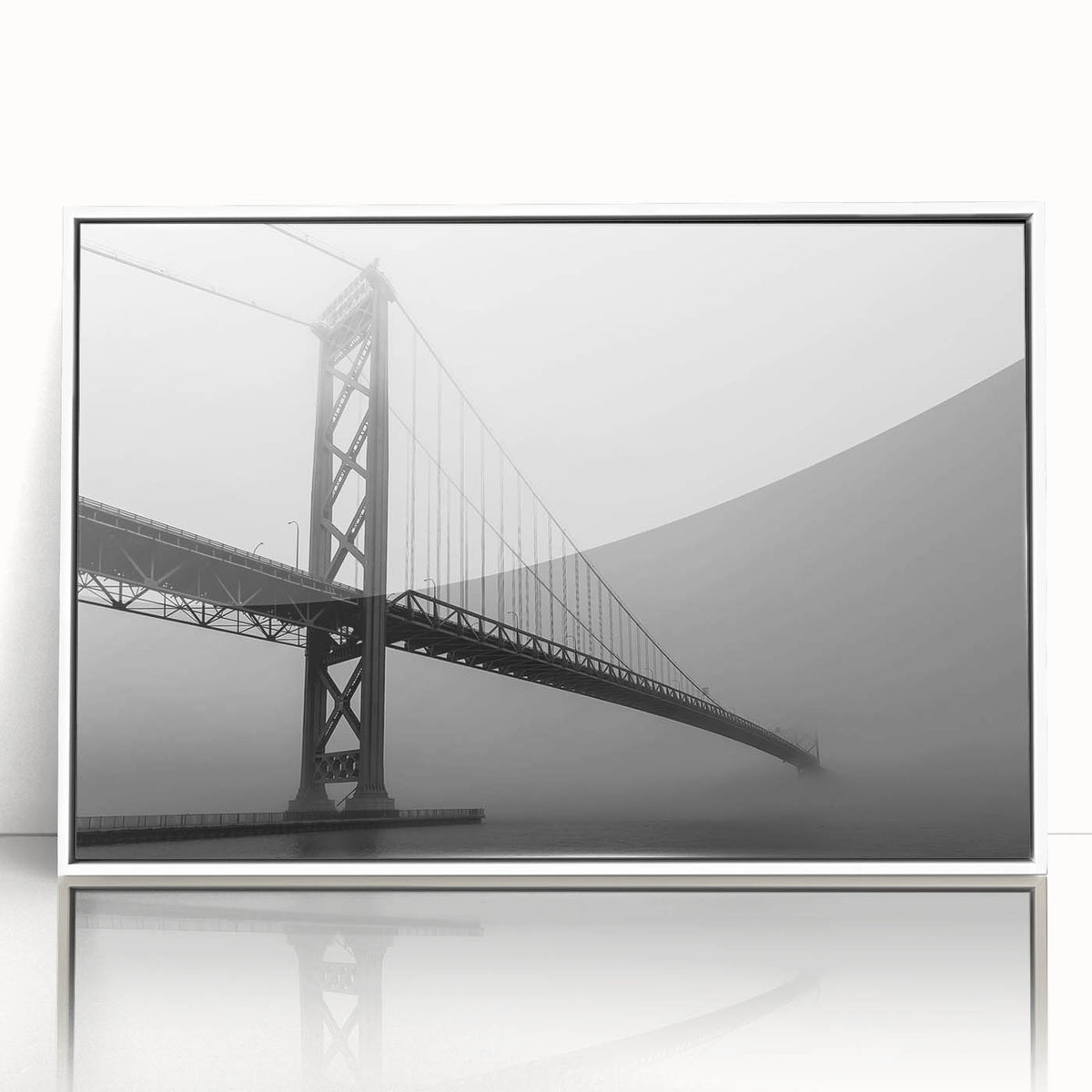 Art Deco style poster of Detroit skyline in muted gray and blue tones, acrylic print framed in white.