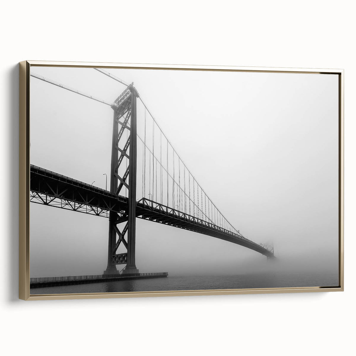 Detroit skyline depicted in muted gold and black tones on a framed canvas, suitable for bedroom wall art.