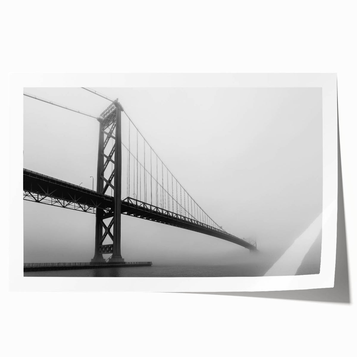 Extra large rolled print of Detroit skyline in muted gray and blue tones, ideal for dining room wall art.