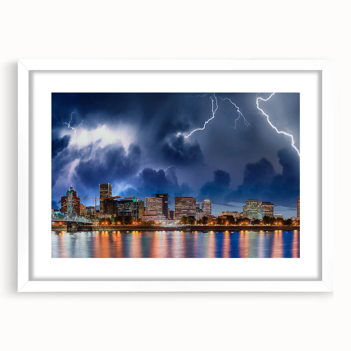 Abstract art print of Portland, Oregon, featuring muted earth tones on a framed canvas, suitable for dining room decor.