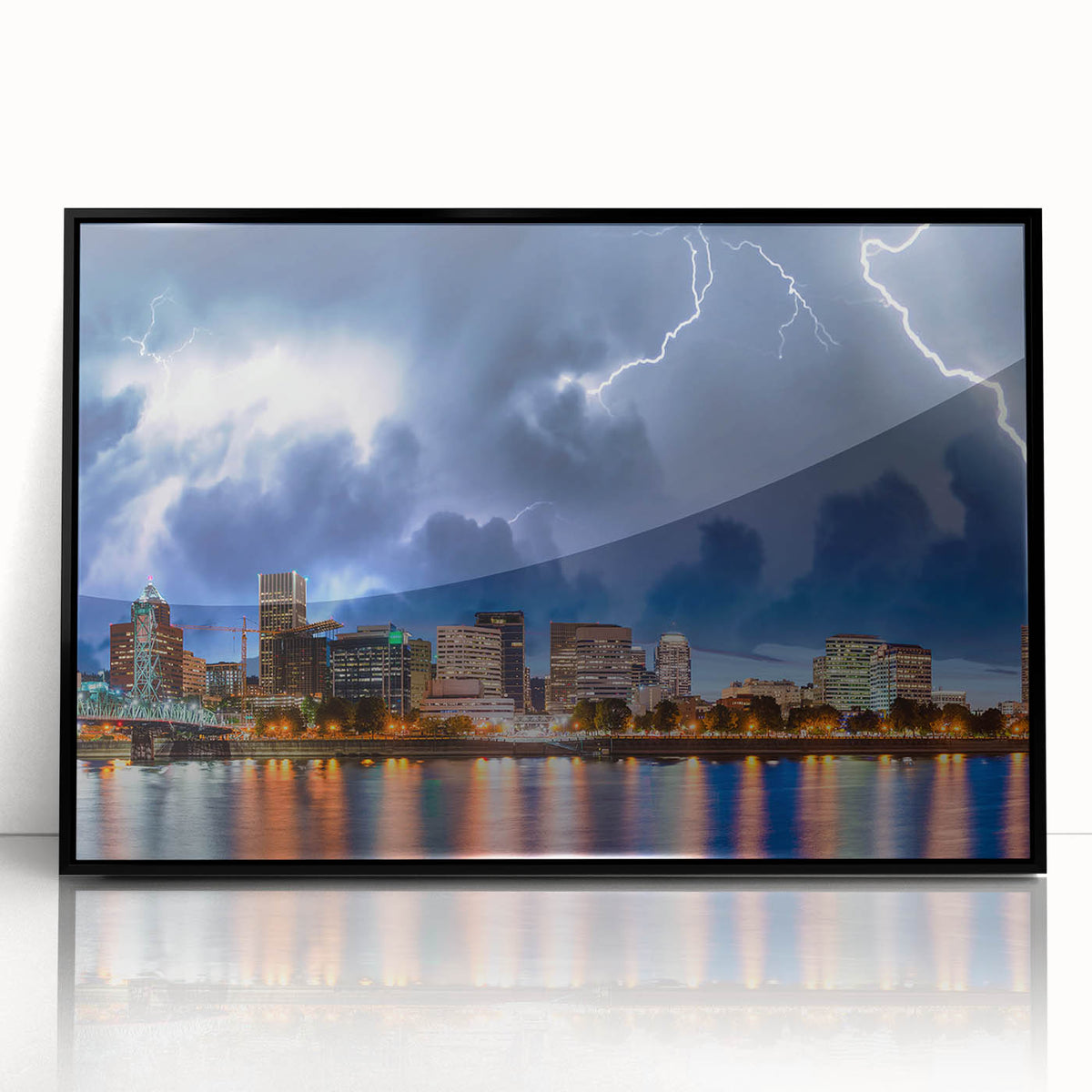 Large abstract wall art depicting Portland, Oregon, in muted gray and blue tones on a framed acrylic.