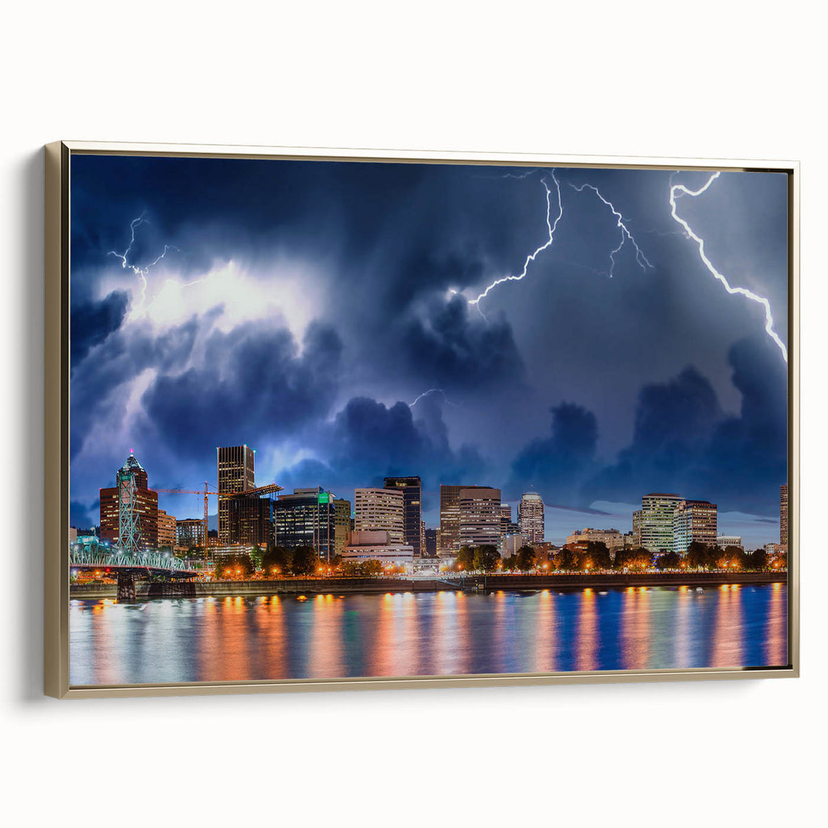 Framed canvas depicting a vintage-style Portland, Oregon landscape in black and gold tones, ideal for bedroom wall art.