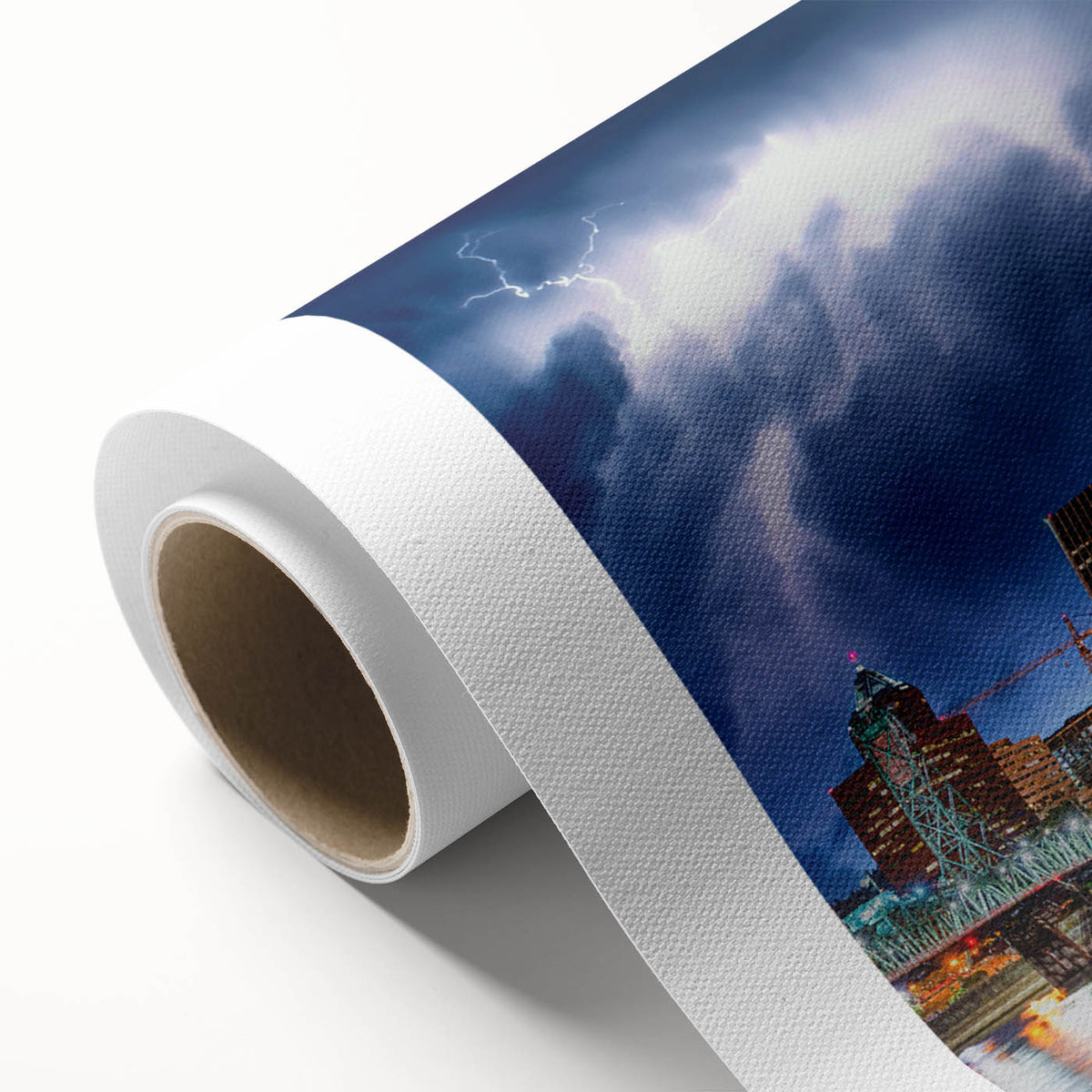 Art Deco poster of Portland, Oregon skyline in muted blue and gray tones on rolled canvas, ideal for nursery wall art.