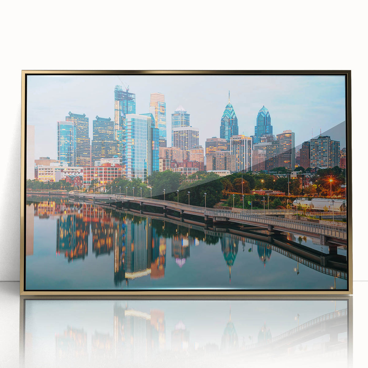 Large art print of Pennsylvania scenery in a gold frame, featuring mid-century modernist style.