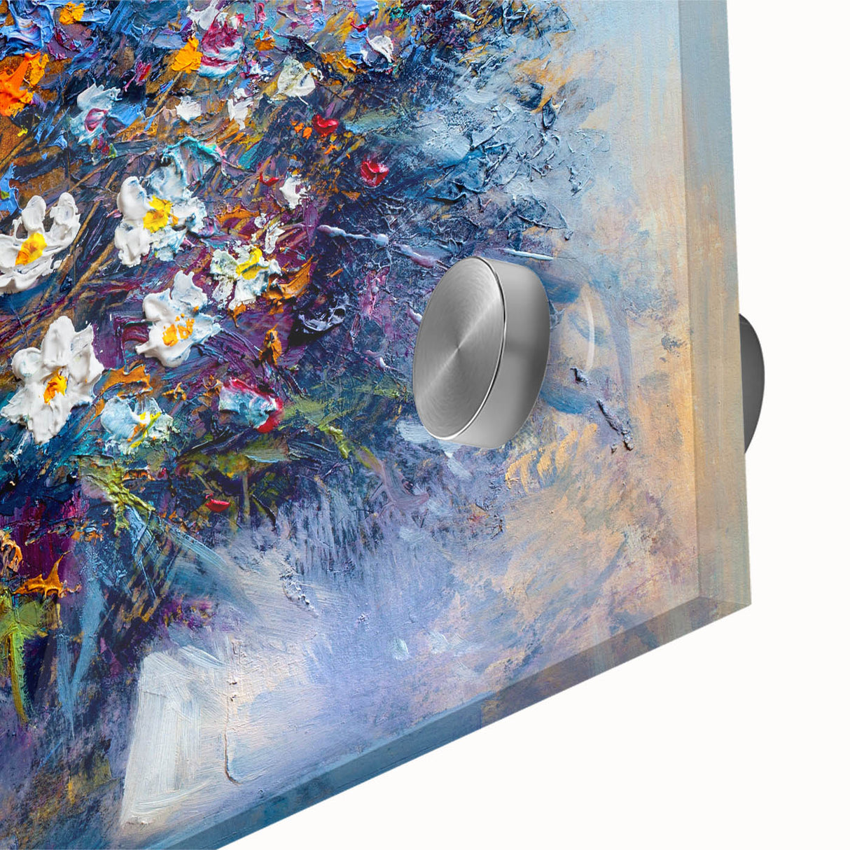 Close-up of vibrant abstract floral acrylic artwork on glass, showcasing intricate details and rich colors, ideal for modern home decor and artistic settings.