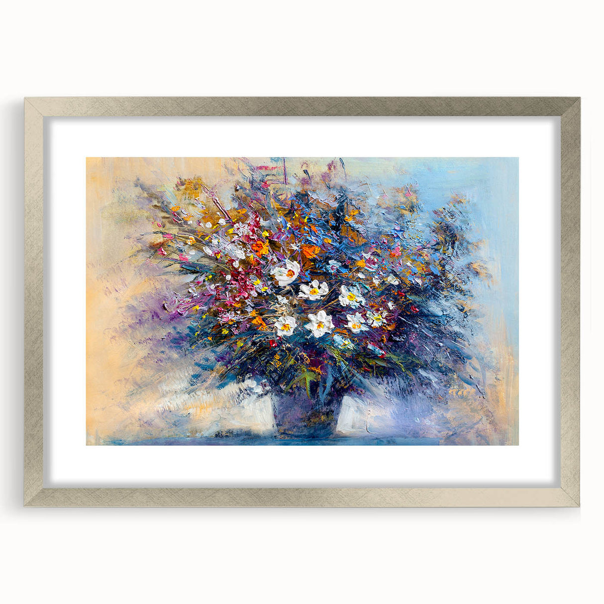 Abstract floral art frame with a silver mat, showcasing vibrant colors and intricate designs, perfect for enhancing modern home decor or gallery spaces.
