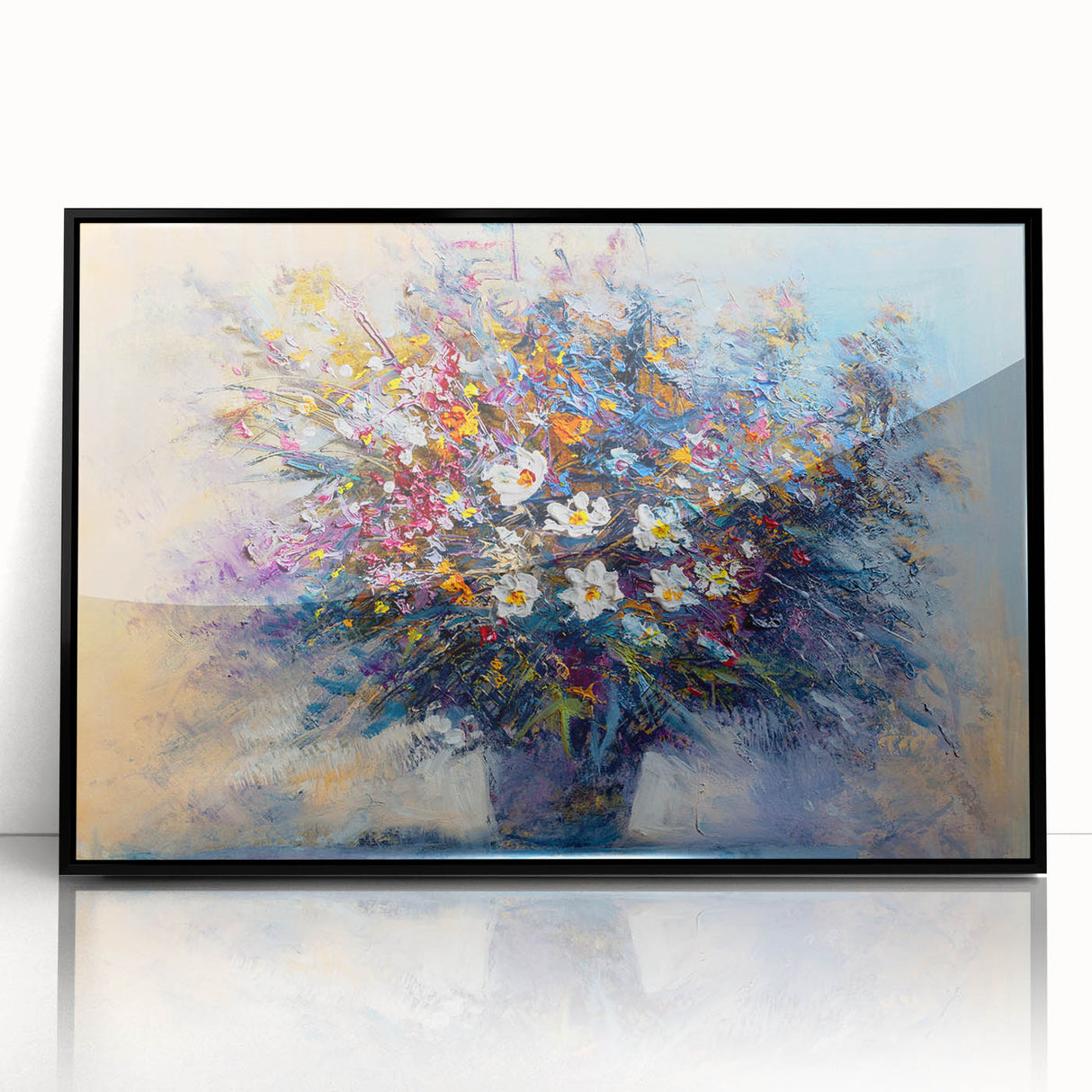 Framed acrylic artwork featuring vibrant abstract floral designs in shades of pink, blue, and green, set against a sleek black frame, ideal for modern home décor.