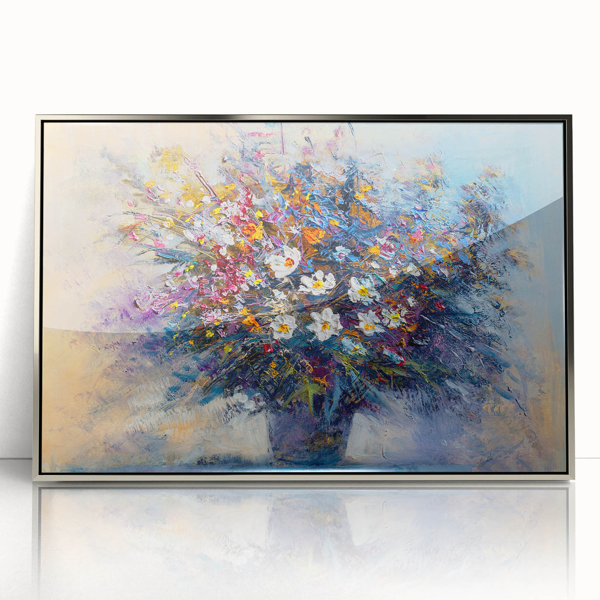 Framed acrylic artwork showcasing abstract floral designs in vibrant colors, set in a sleek silver frame, perfect for modern home decor and artistic spaces.