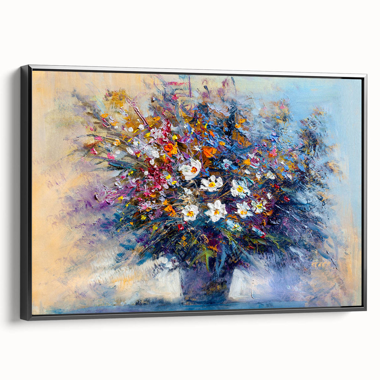 Framed canvas artwork showcasing abstract floral designs in vibrant colors, set against a sleek black frame, ideal for modern home decor. Perfect for enhancing living room aesthetics with a touch of elegance.