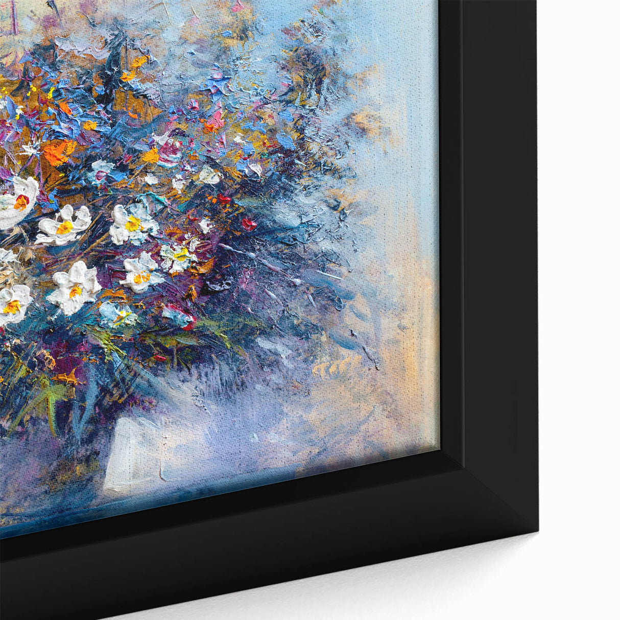 Close-up of an abstract floral framed canvas artwork, showcasing vibrant colors and intricate details, perfect for modern home decor or art lovers.