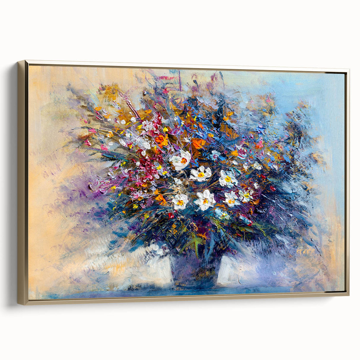 Framed canvas artwork showcasing abstract floral designs in vibrant colors with a gold frame, ideal for modern home decor or office settings.