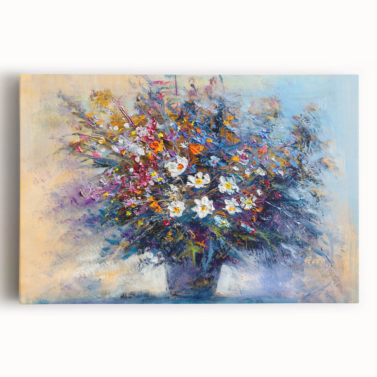 Abstract floral design stretched canvas artwork showcasing vibrant colors of blue, pink, and green, perfect for modern home decor and wall accents.