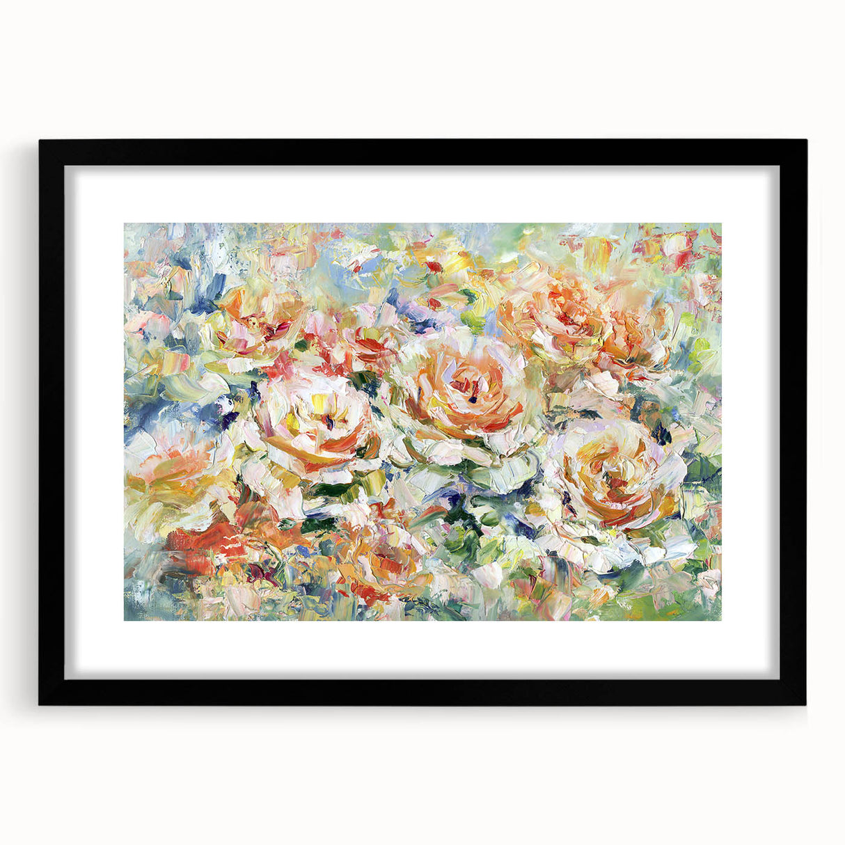 Abstract floral frame showcasing a black mat, featuring intricate floral designs in soft pastel colors, ideal for contemporary home decor or art display.