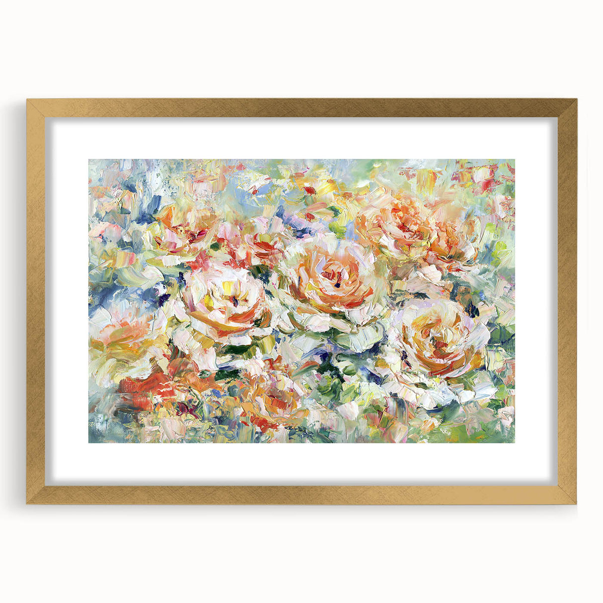 Abstract floral frame artwork with a gold mat, showcasing vibrant colors and intricate designs, ideal for home decor or interior styling. Perfect for adding elegance to any room.