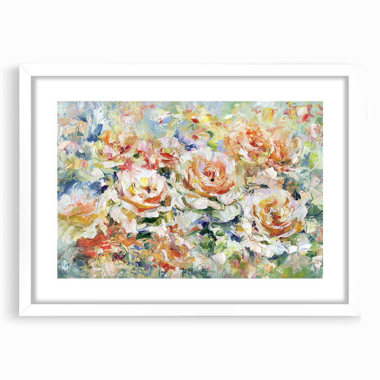 Abstract floral frame showcasing vibrant colors with a white mat, perfect for modern decor. Ideal for enhancing home or office spaces with a contemporary touch.