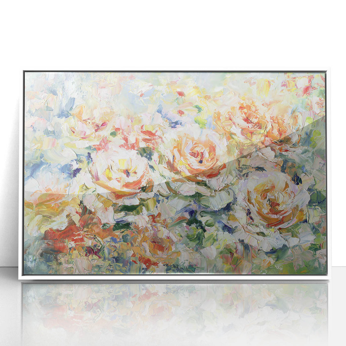 Framed acrylic artwork showcasing abstract floral designs in vibrant colors, set against a white background. Ideal for modern home decor and art enthusiasts.