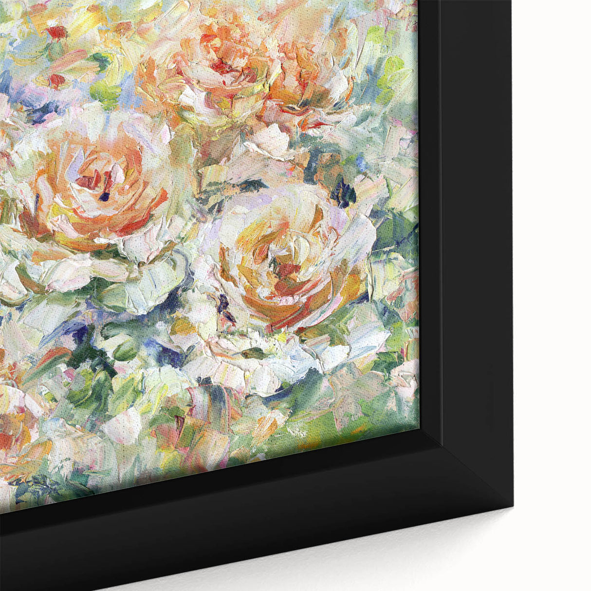 Close-up of a framed canvas showcasing vibrant abstract floral designs in pastel colors, perfect for modern home decor or artistic statement pieces.