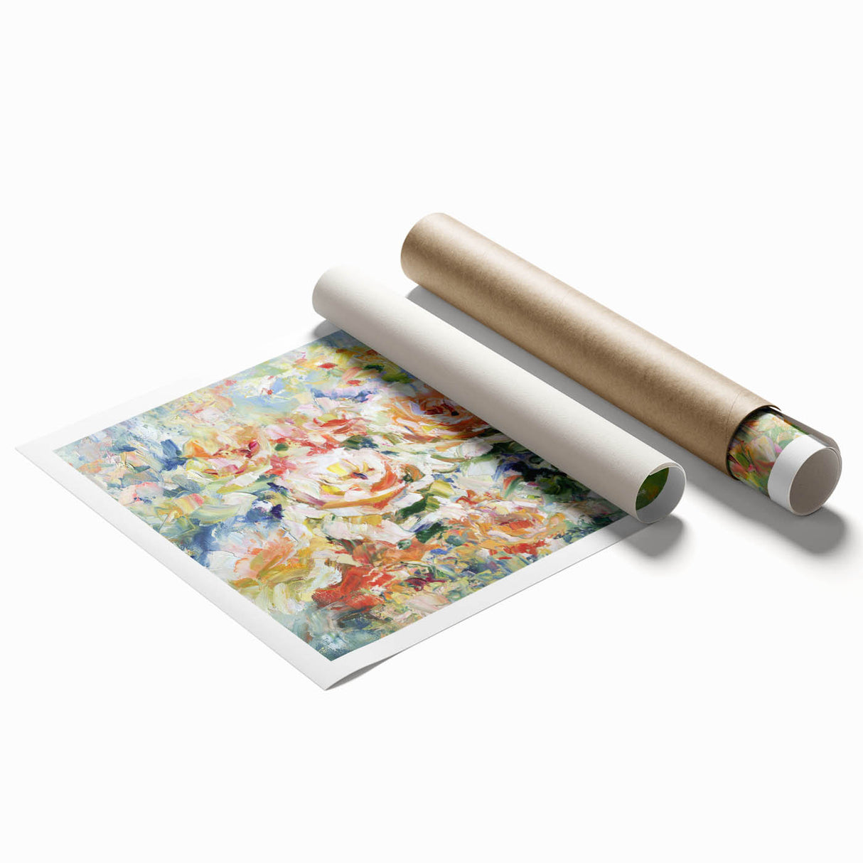 Vibrant abstract floral artwork on rolled canvas, showcasing intricate designs in bold colors like blue and pink, perfect for modern home decor. The print is carefully packaged in a protective cardboard tube, ideal for art enthusiasts and interior designers.