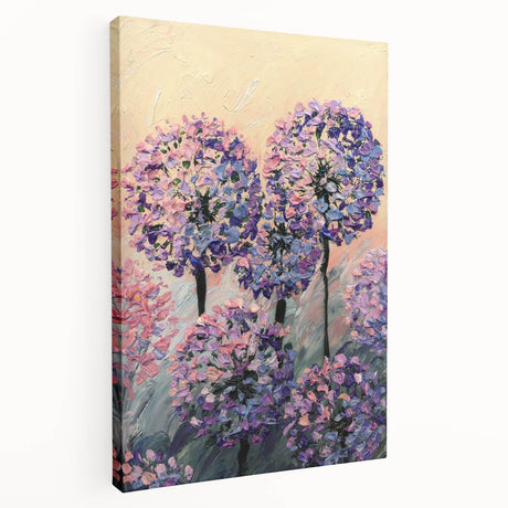 Stretched canvas artwork showcasing vibrant abstract florals in rich colors, with a side view highlighting the canvas texture and depth, perfect for modern decor.