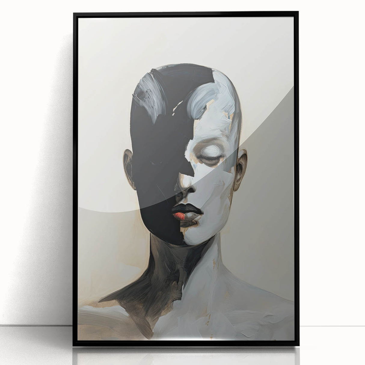 Framed abstract minimalist wall art featuring a sleek black design, showcased in an elegant acrylic frame, ideal for modern home decor and artistic expression.