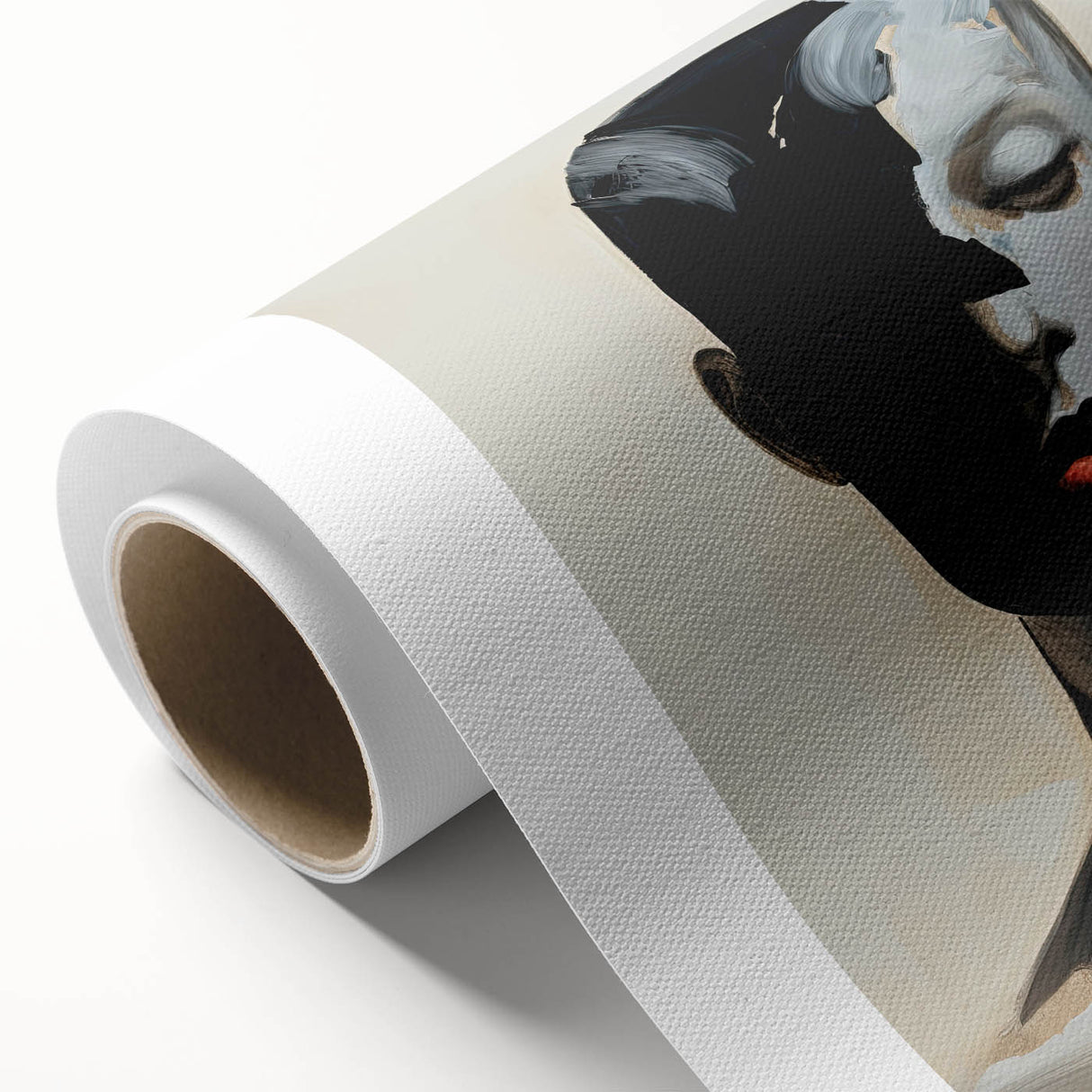 Abstract minimalist wall art on rolled canvas, featuring soft earth tones and geometric shapes, elegantly packaged in a protective cardboard tube for shipping.