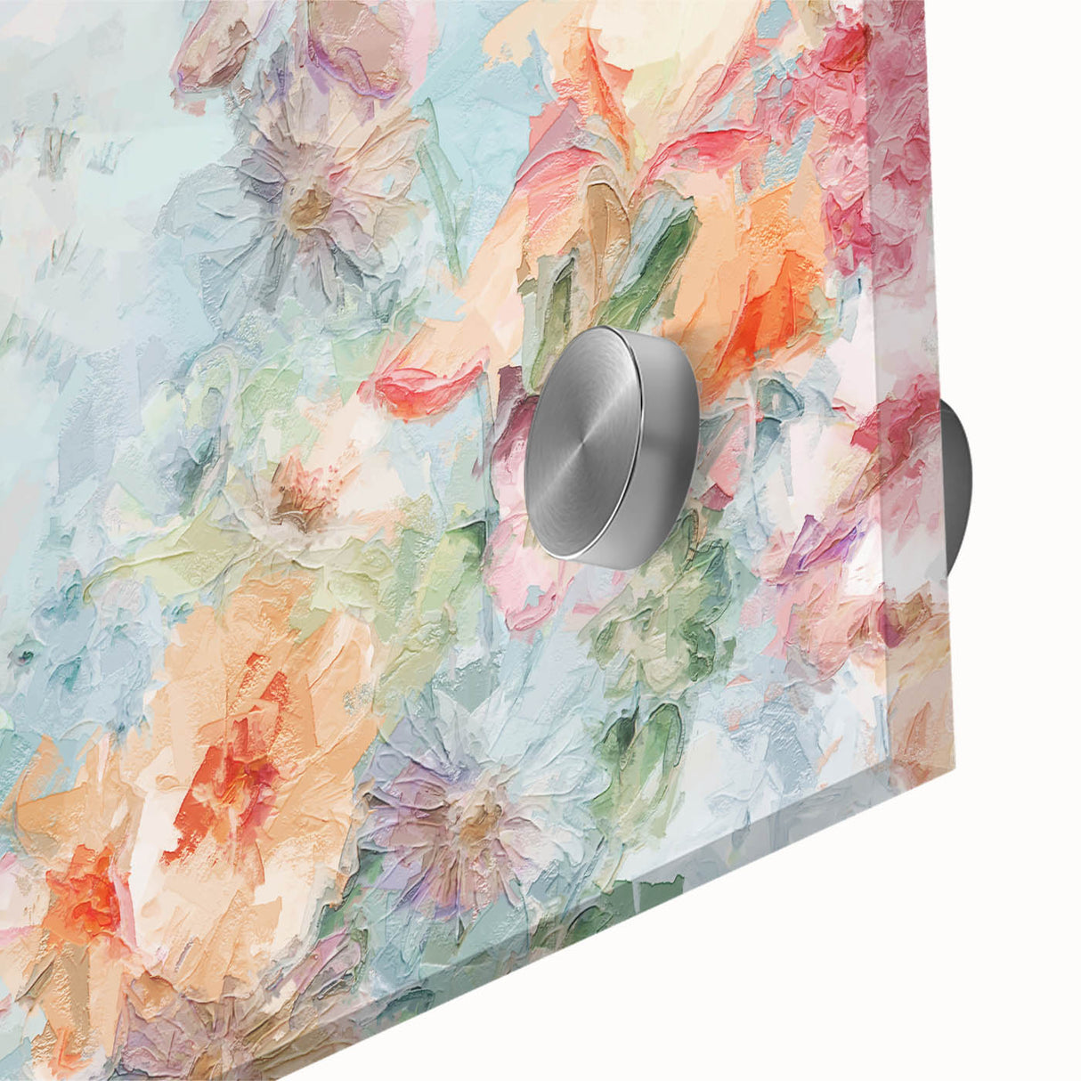 Close-up of an abstract floral acrylic glass artwork showcasing vibrant colors and intricate details, ideal for modern home decor and artistic displays.