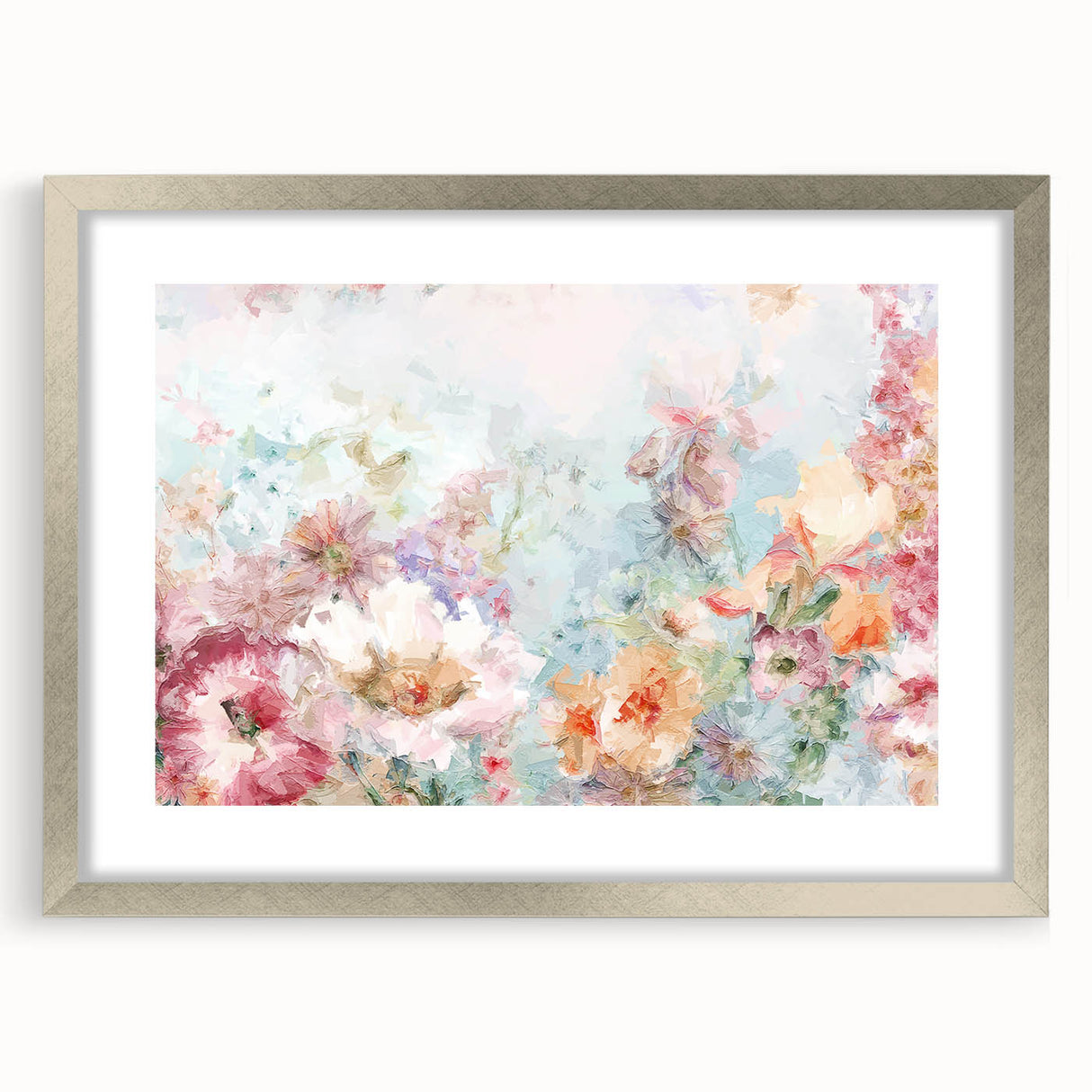 Abstract floral artwork framed in silver with a mat, showcasing intricate patterns and vibrant colors, ideal for modern home decor. Perfect for enhancing interior aesthetics.