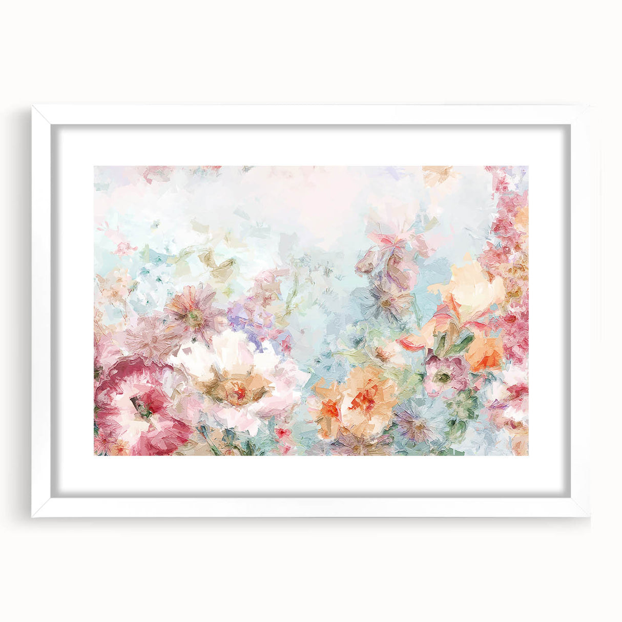 Abstract floral artwork framed in a white mat, showcasing vibrant colors and intricate patterns, perfect for home decor or artistic display. Ideal for enhancing contemporary living spaces.