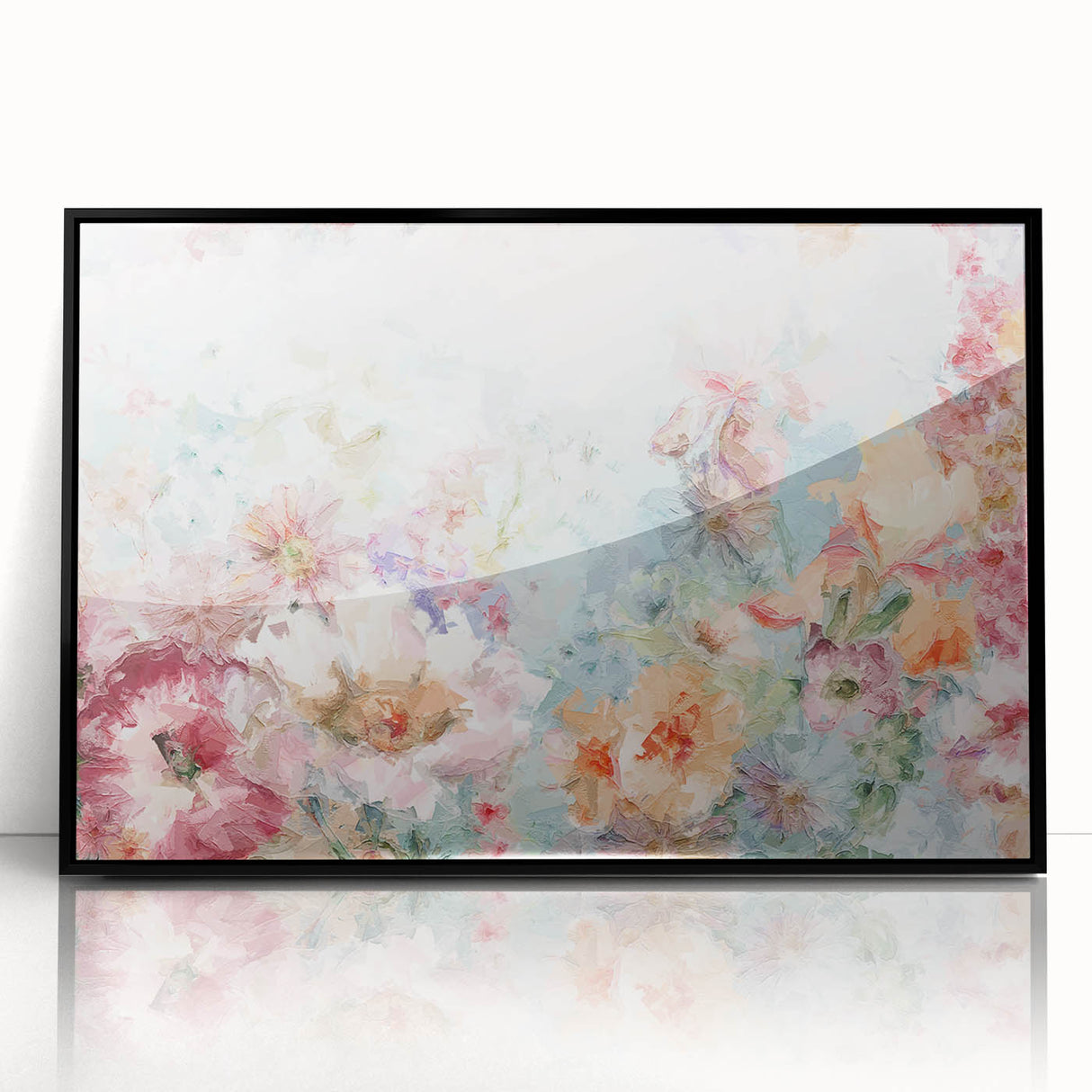 Framed acrylic artwork showcasing vibrant abstract floral designs in a sleek black frame, perfect for modern home decor and adding a pop of color to any space.