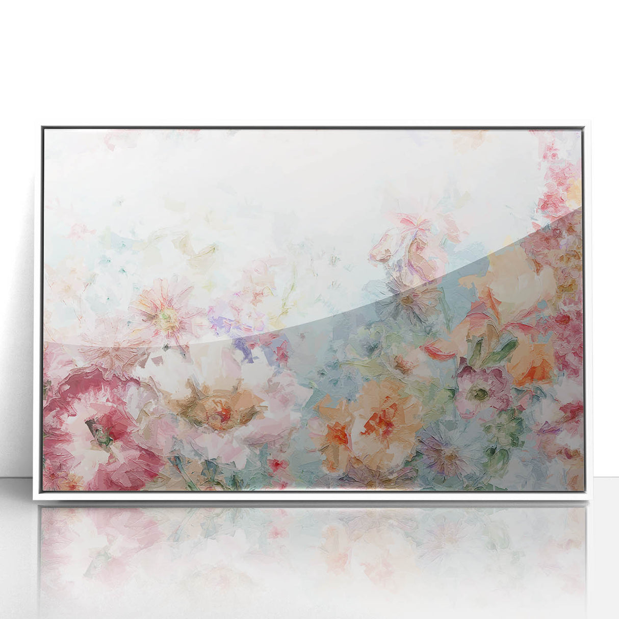Framed acrylic artwork showcasing vibrant abstract floral designs in a white frame, ideal for modern home decor. Perfect for adding color and style to any room.