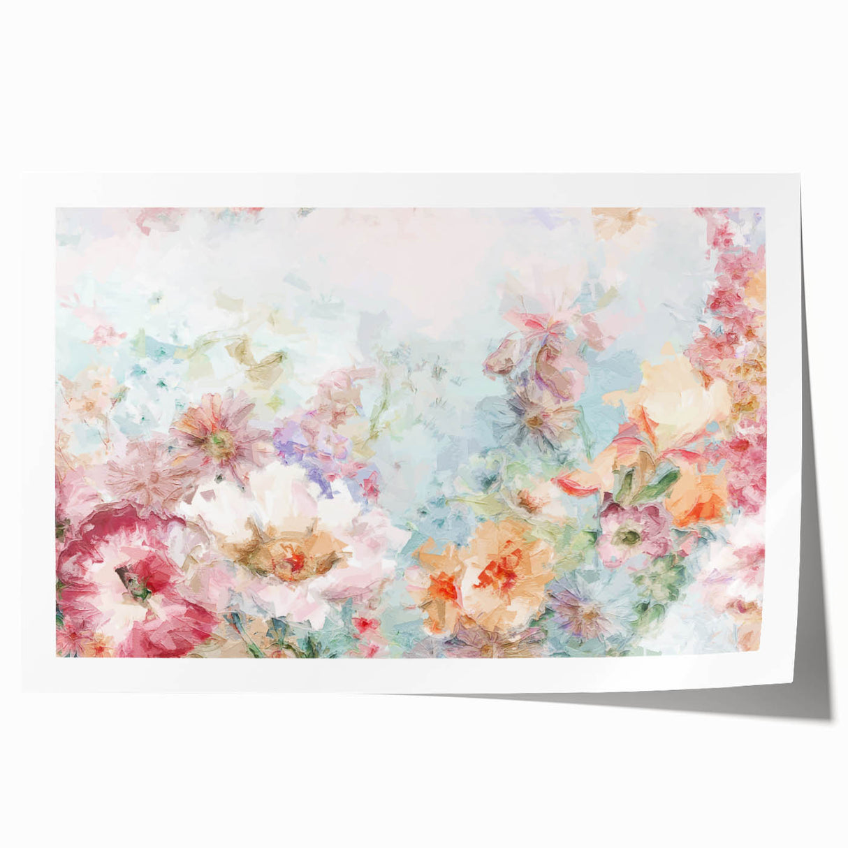 Abstract floral design rolled print featuring vibrant colors like blue, pink, and green, showcasing intricate patterns and textures, ideal for modern home decor.
