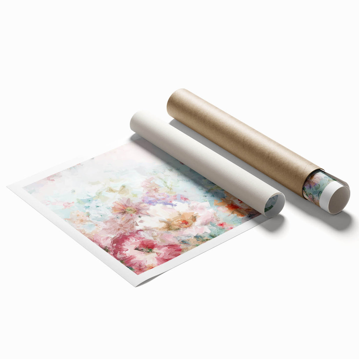 Abstract floral design print on rolled canvas featuring vibrant colors of pink, blue, and green, ideal for modern home decor or art installations.