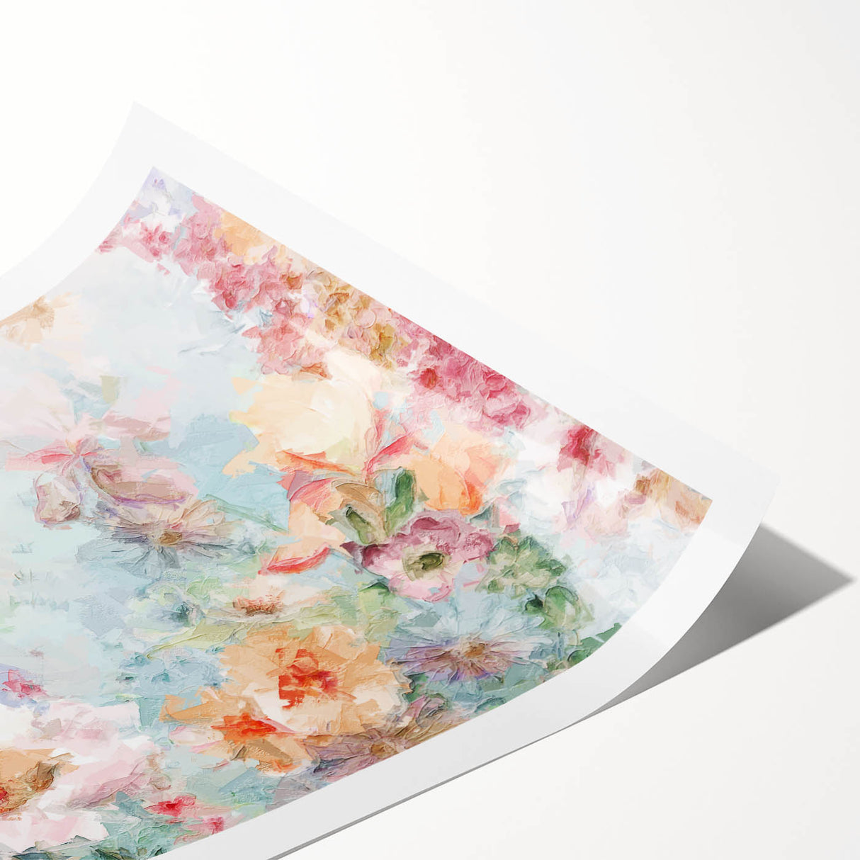 Colorful abstract floral rolled print showcasing vibrant hues of pink, blue, and green, perfect for modern decor. Packaged securely in a sturdy tube for easy display.