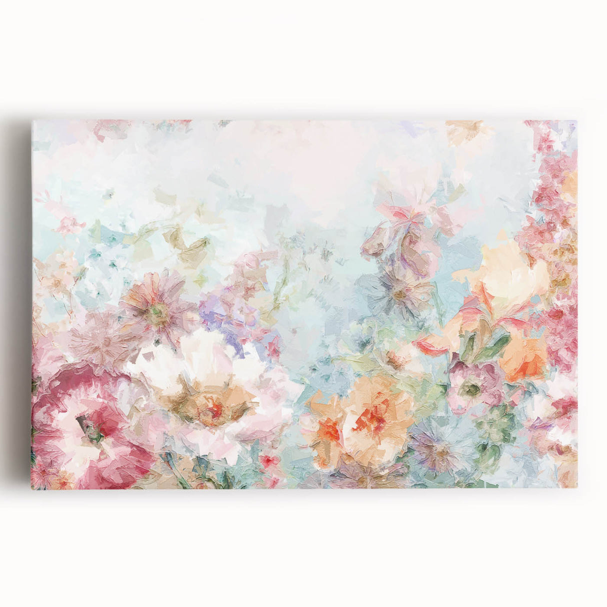 Abstract floral canvas art featuring vibrant colors and intricate patterns, displayed in a front view to highlight its artistic details and texture. Perfect for modern decor.